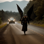 Mothman standing on a road in front of a car