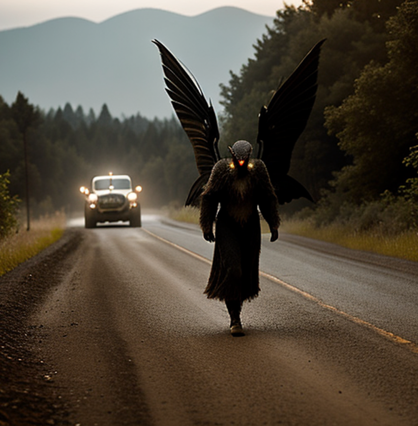 Mothman standing on a road in front of a car